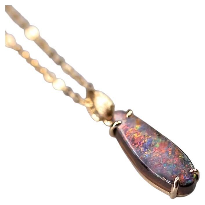 Minimalist Australian Boulder Opal Necklace Pendant 18K Yellow Gold