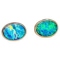 Minimalist Australian Doublet Opal Earrings 18K Yellow Gold