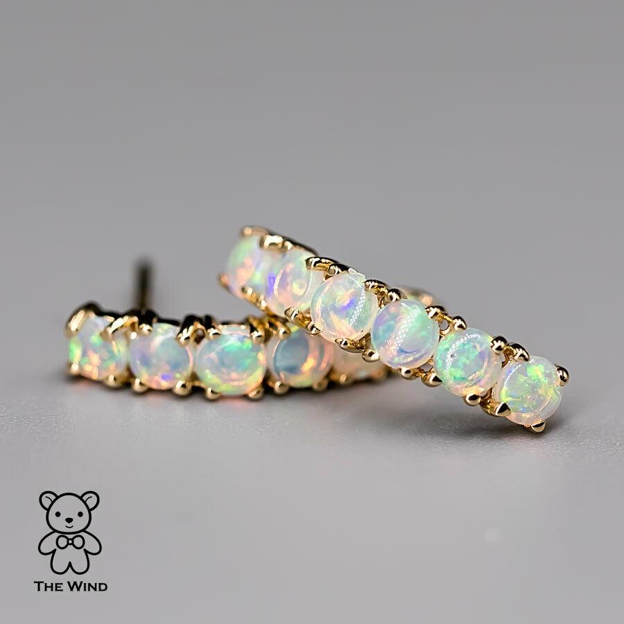 Brilliant Cut Minimalist Australian Solid Opal Curved Stud Earrings 14K Yellow Gold For Sale