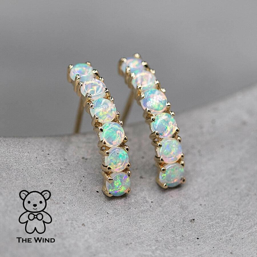 Minimalist Australian Solid Opal Curved Stud Earrings 14K Yellow Gold In New Condition For Sale In Suwanee, GA