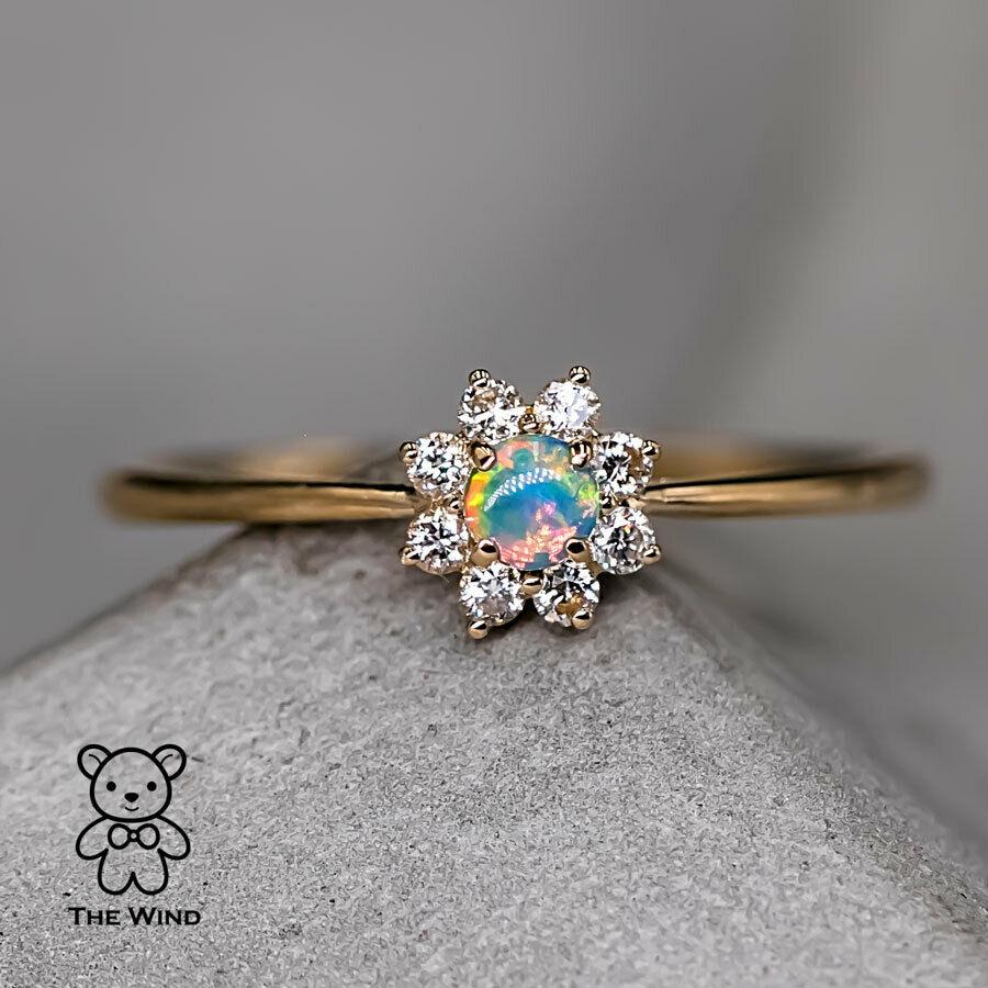 Brilliant Cut Minimalist Australian Solid Opal Diamond Hola Ring 18K Yellow Gold For Sale