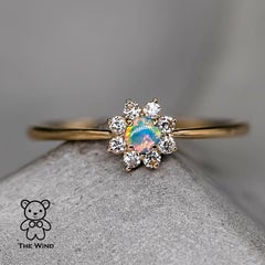 Minimalist Australian Solid Opal Diamond Hola Ring 14K Yellow Gold