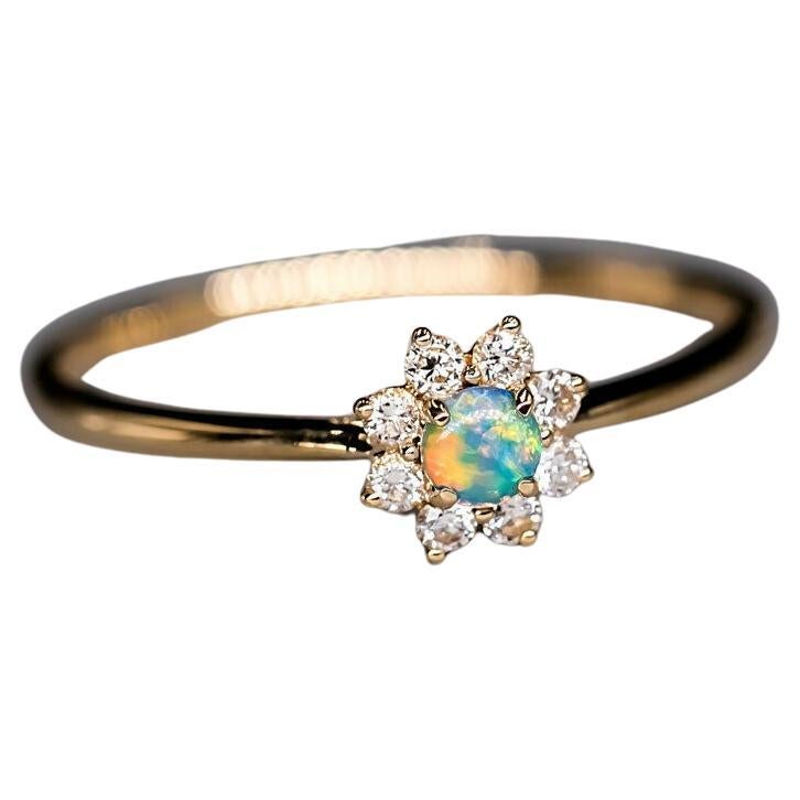 Minimalist Australian Solid Opal Diamond Hola Ring 18K Yellow Gold For Sale