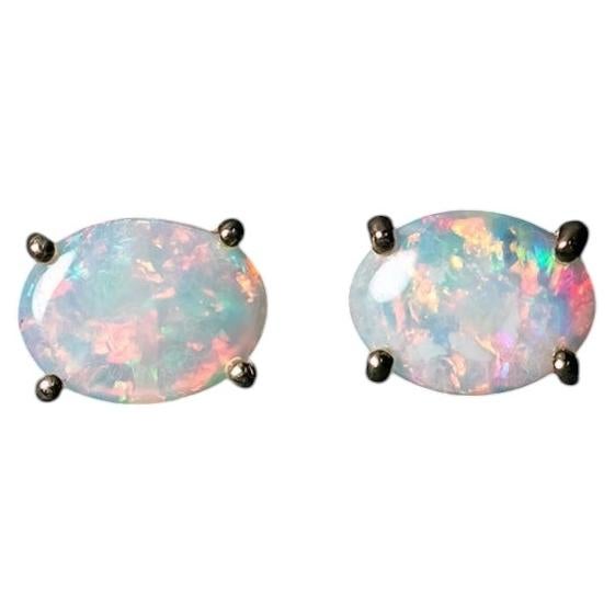 Minimalist Australian Solid Opal Oval Stud Earrings 14K Yellow Gold