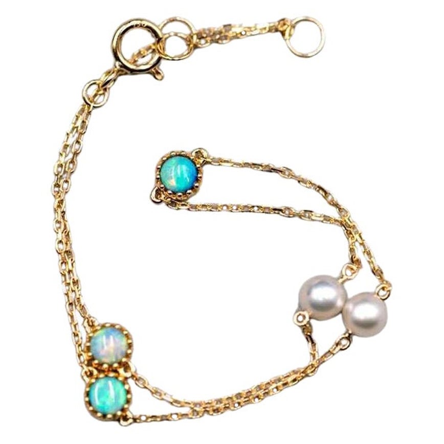 Minimalist Australian Solid Opal & Pearl Bracelet 18k Yellow Gold
