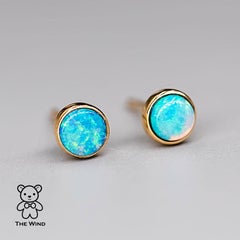 Minimalist Australian Solid Opal Round Stud Earrings 14K Yellow Gold