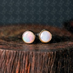 Minimalist Australian Solid Opal Round Stud Earrings 14K Yellow Gold