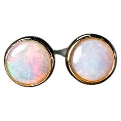 Minimalist Australian Solid Opal Round Stud Earrings 14K Yellow Gold