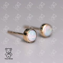 Minimalist Australian Solid Opal Round Stud Earrings 14K Yellow Gold