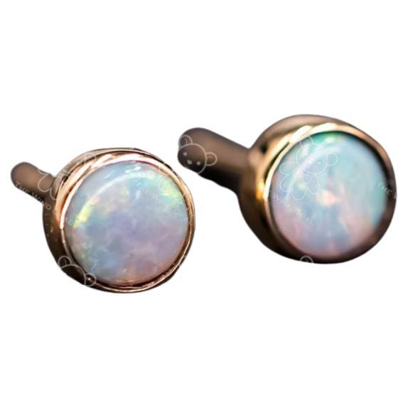 Minimalist Australian Solid Opal Round Stud Earrings 18K Yellow Gold