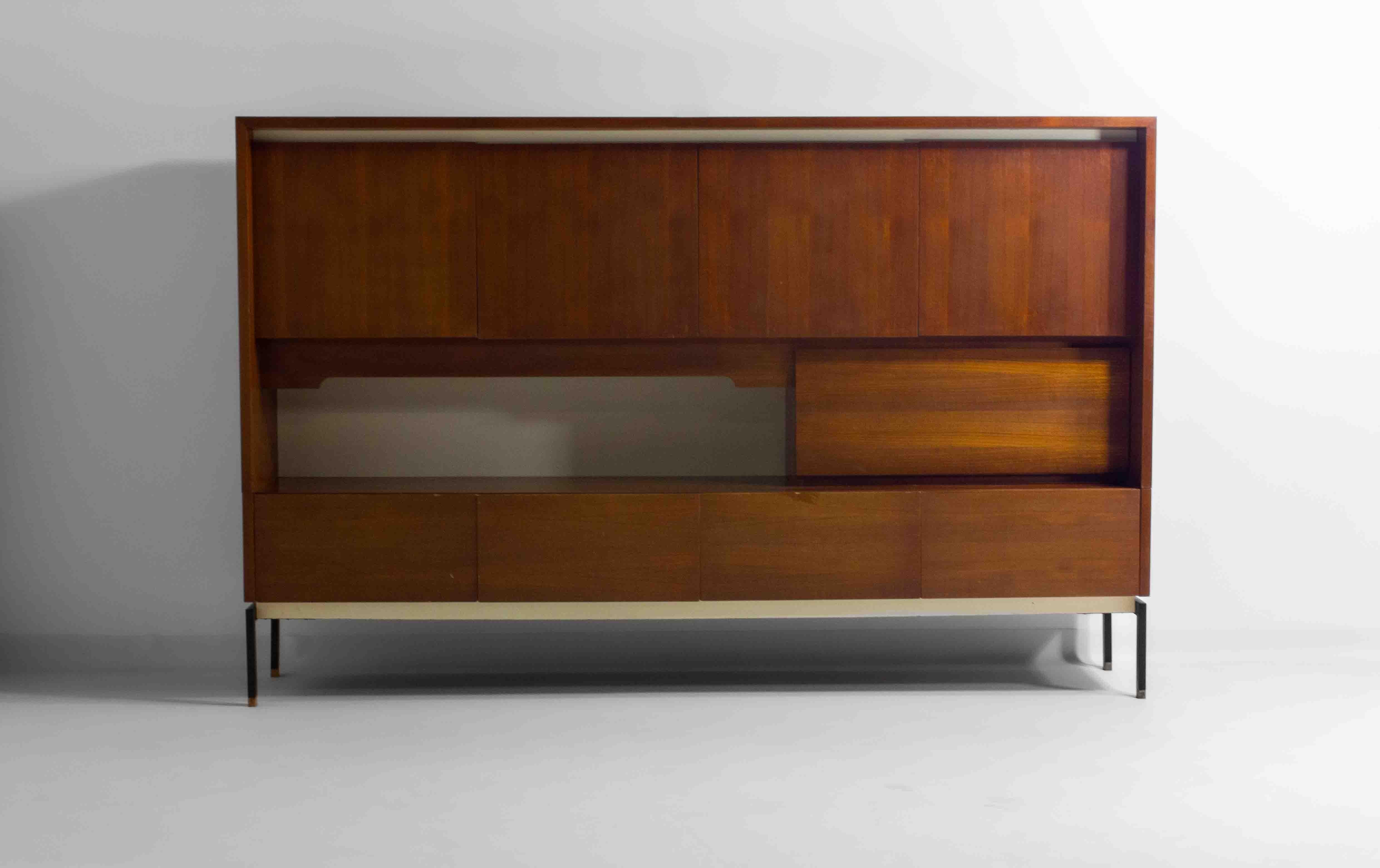 Mid-Century Modern Minimalist backlit highboard in teak, Belgium 1960s For Sale