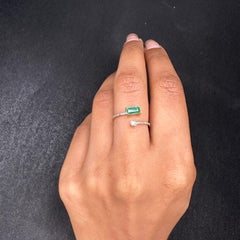 Minimalist Baguette Emerald and Diamond Open Ring Solid 14k Yellow Gold