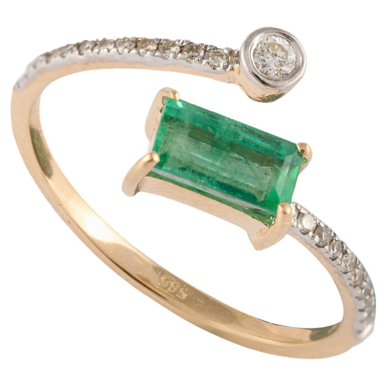 Minimalist Baguette Emerald and Diamond Open Ring Solid 14k Yellow Gold