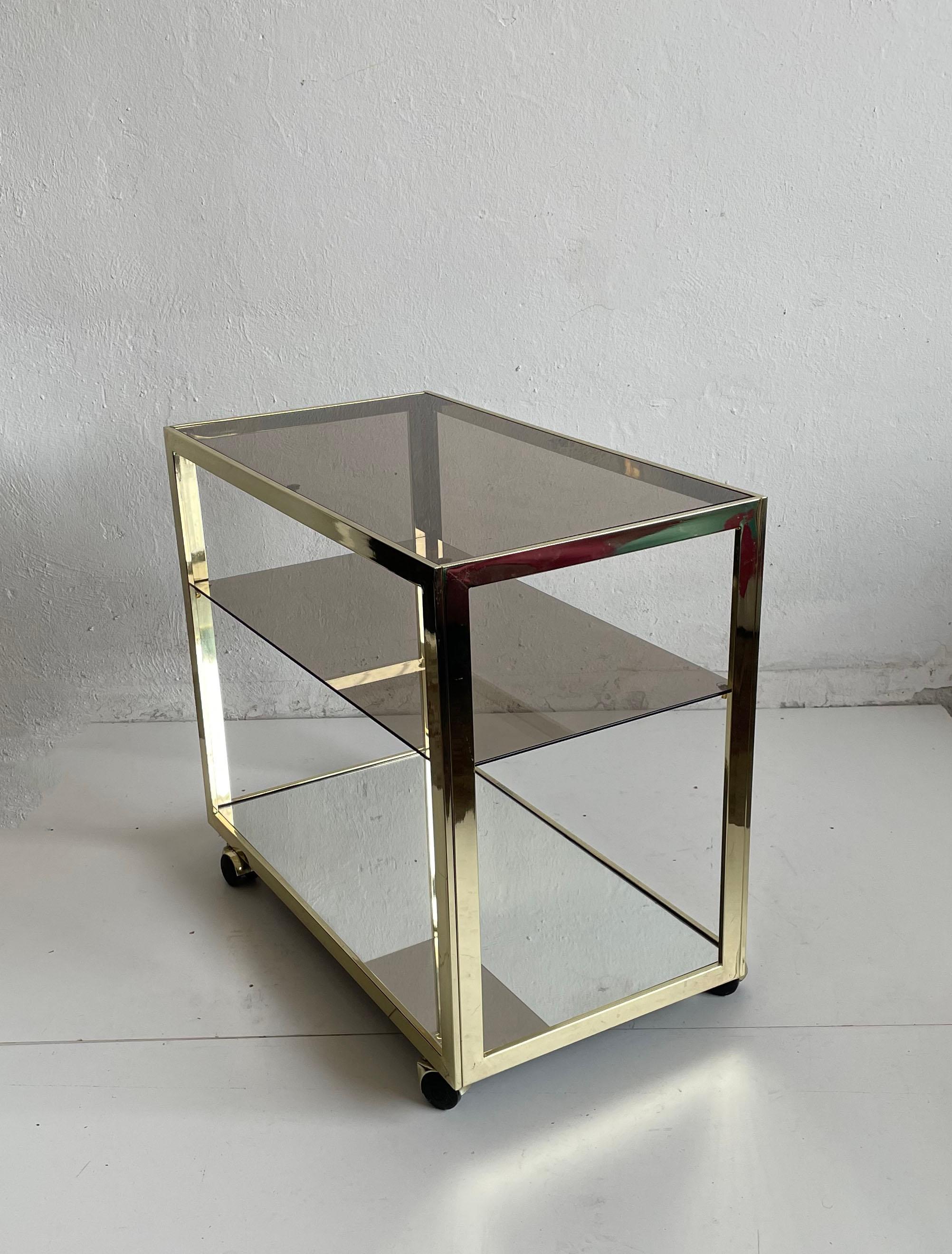 Minimalist Bar Service Trolley, Brass and Glass, 1970s  For Sale 4