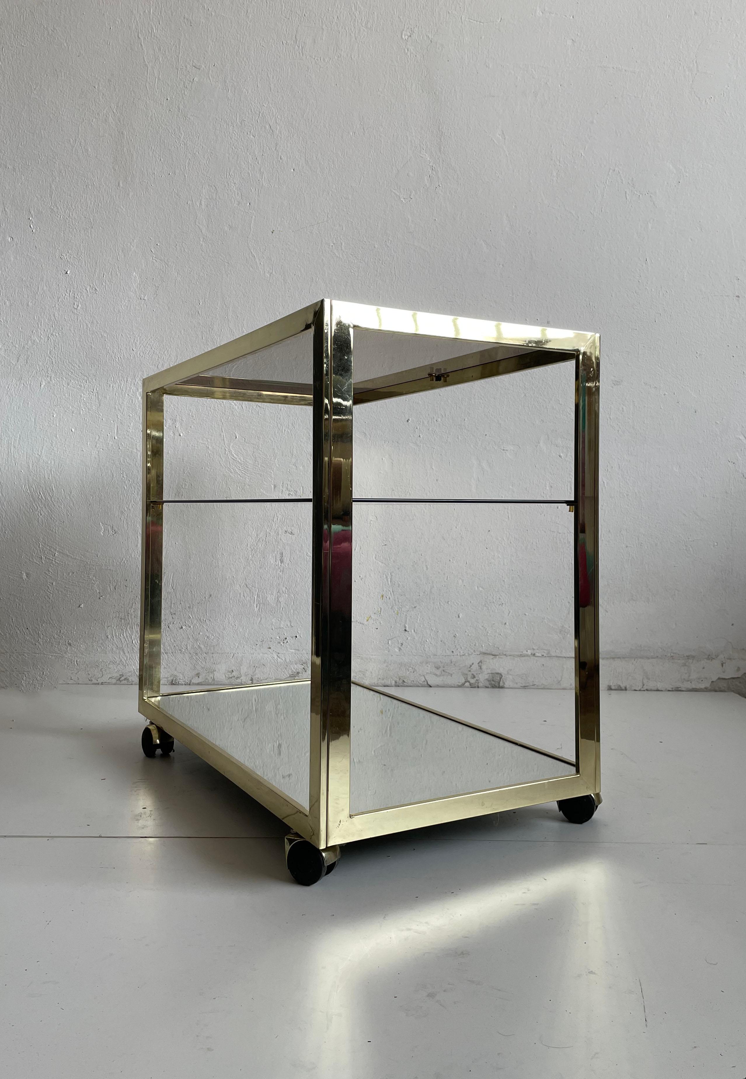 Metal Minimalist Bar Service Trolley, Brass and Glass, 1970s  For Sale