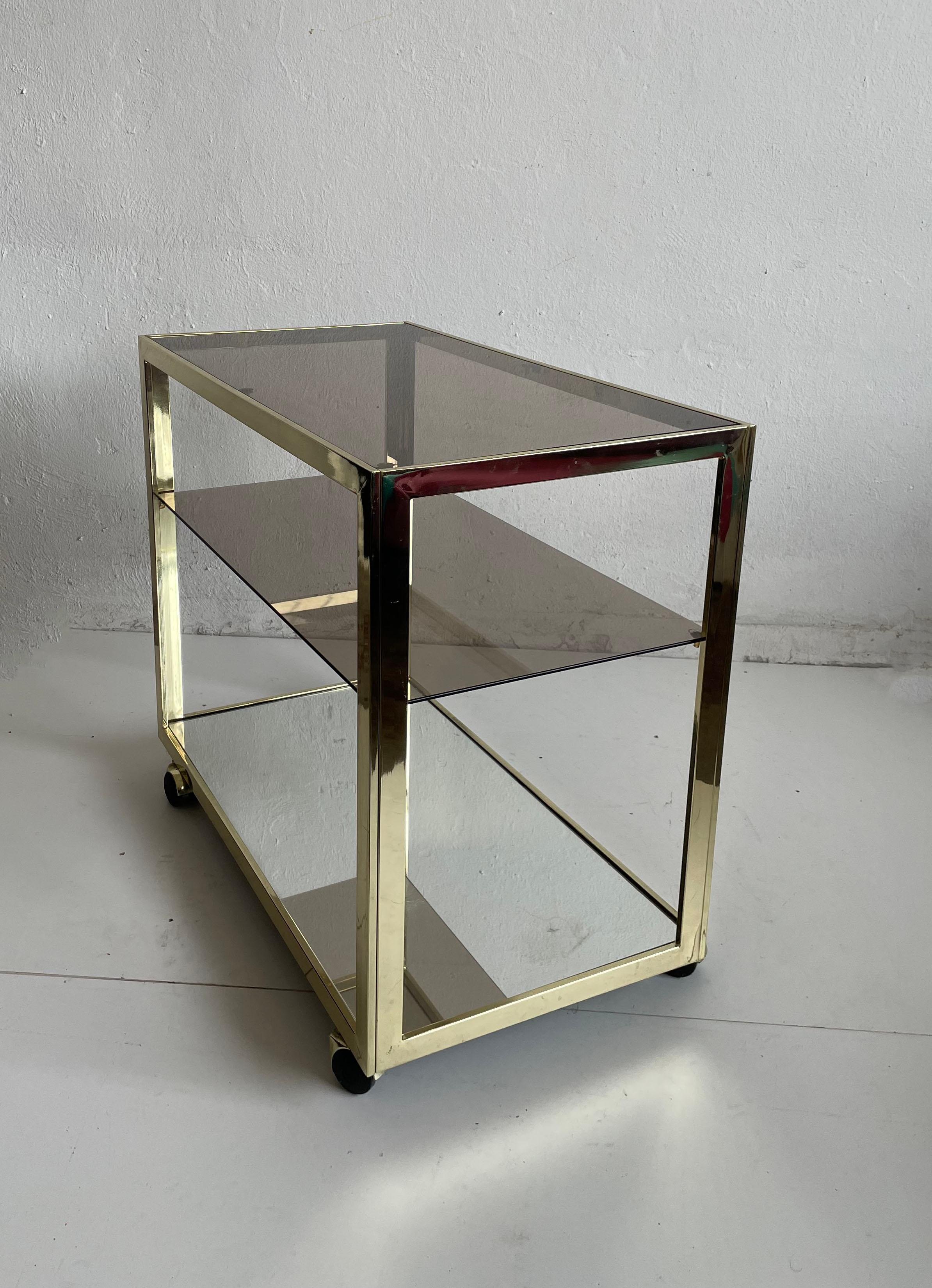 Minimalist Bar Service Trolley, Brass and Glass, 1970s  For Sale 1