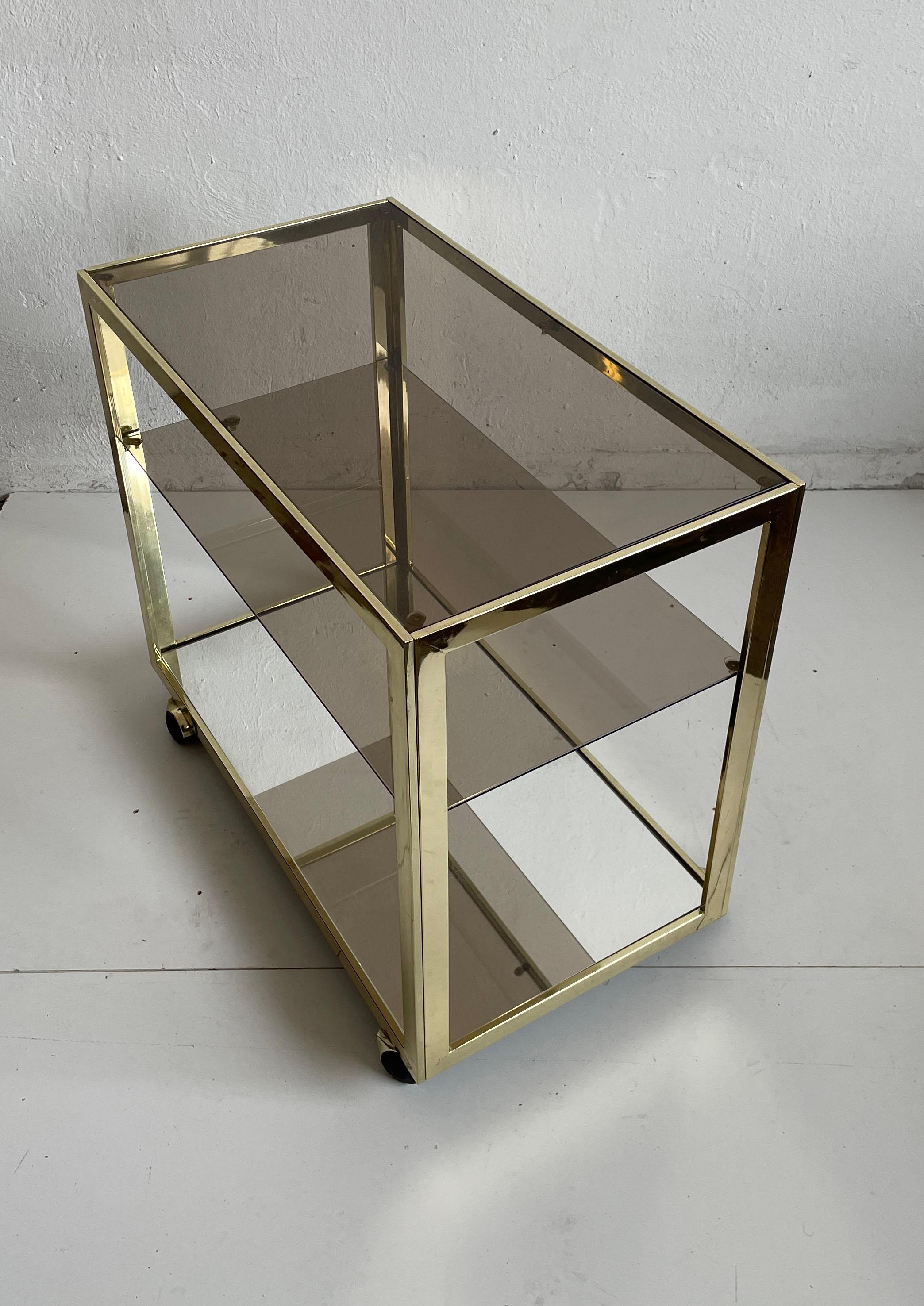 Minimalist Bar Service Trolley, Brass and Glass, 1970s  For Sale 2