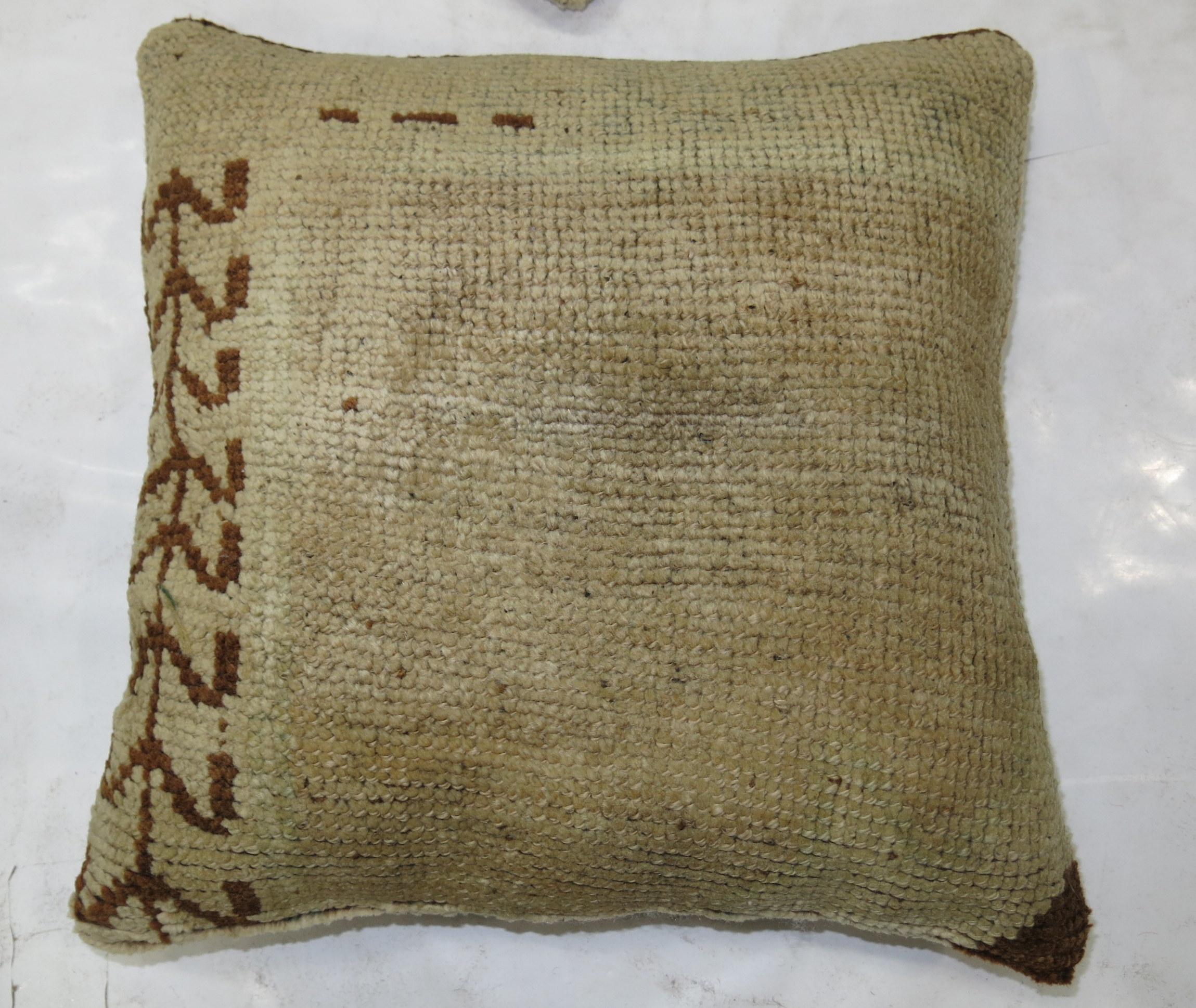 Mid-Century Modern Minimalist Beige Brown Vintage Turkish Oushak Rug Pillow For Sale