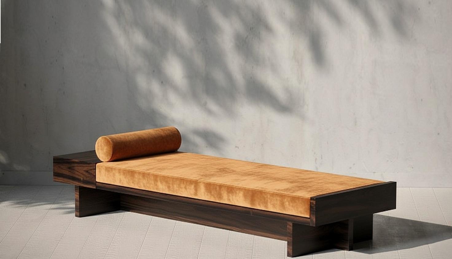 Portuguese Axis Architectural Bench In Macassar And Velvet By Sidani Design For Sale