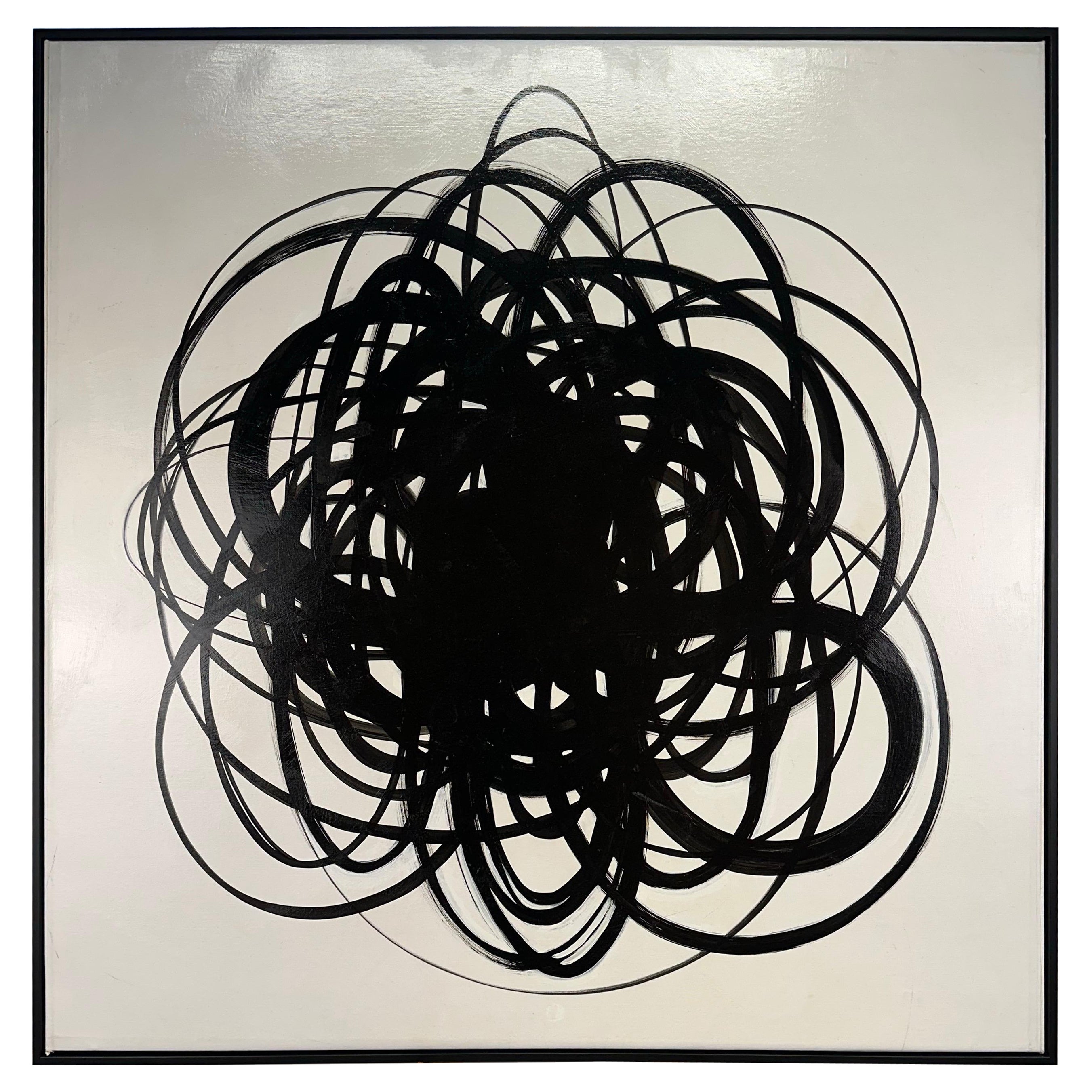 Minimalistisches schwarz-weißes abstraktes Gemälde von Wolf Haxton "Scribles II"