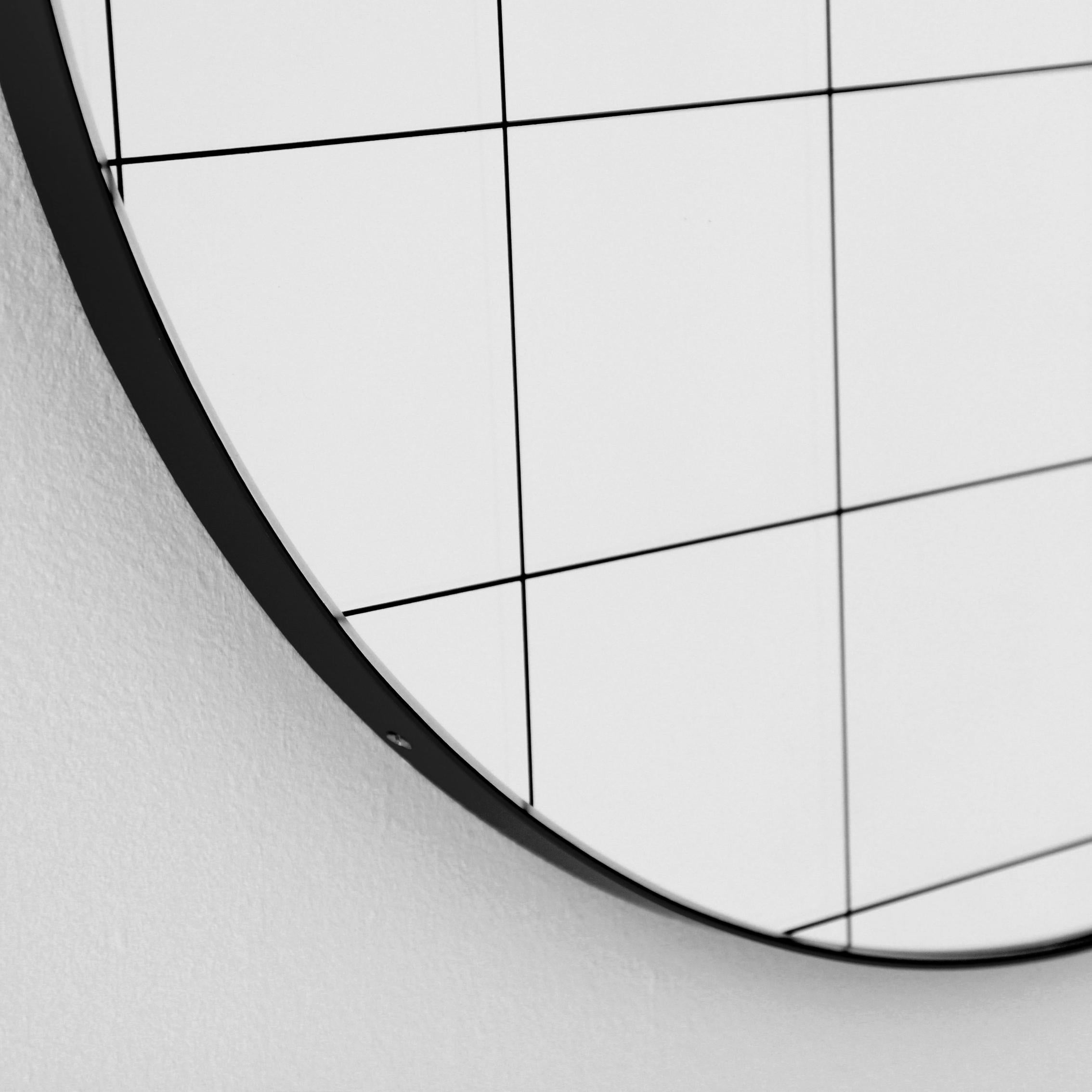 Etched Orbis™ Black Grid Round Minimalist Modern Mirror with Black Frame - Regular