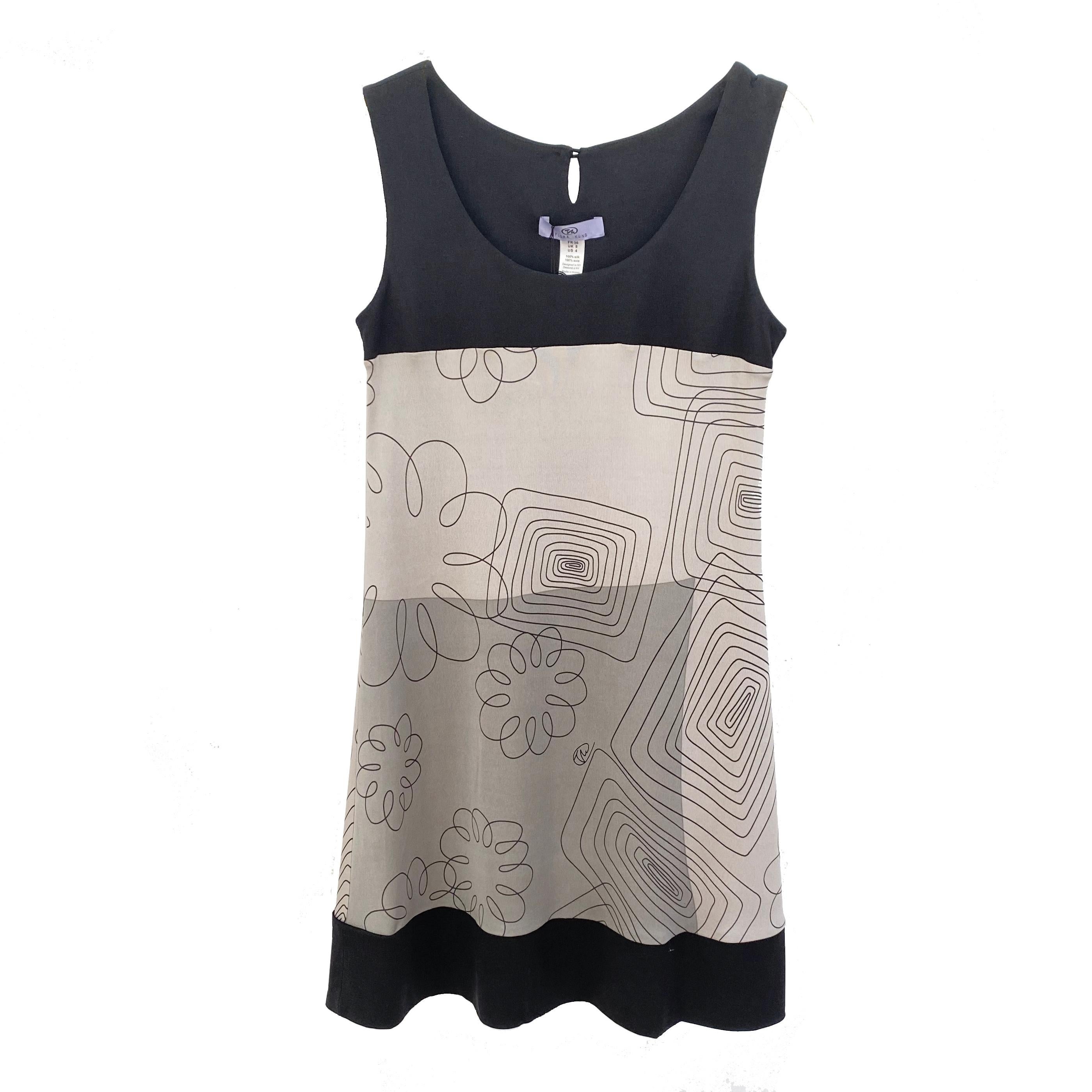 Minimalist Black Gray Scribble Print FLORA KUNG Mini Silk Tank Dress NWT For Sale 1