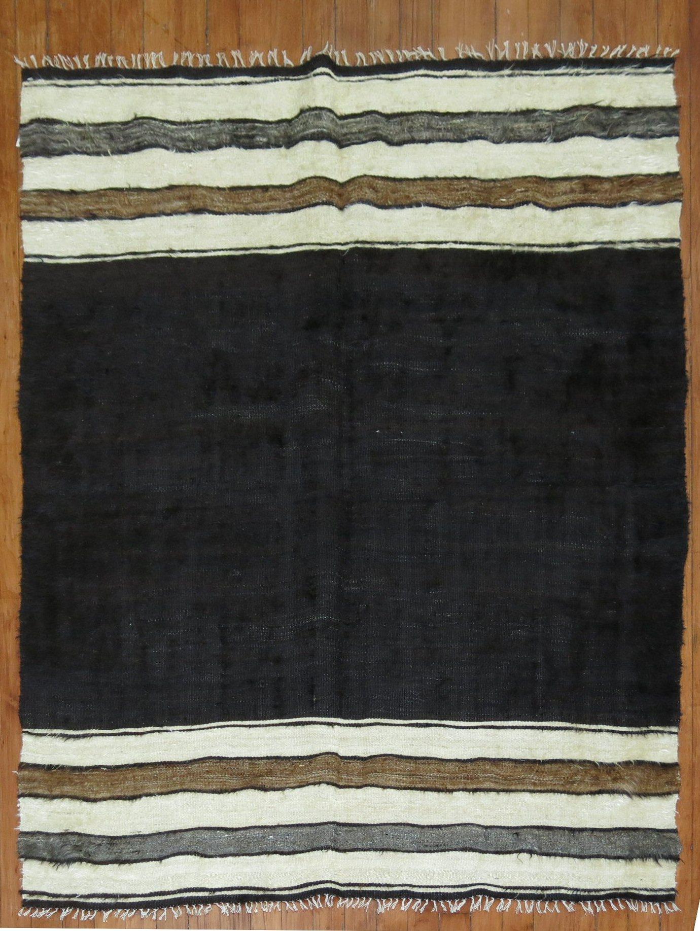 Wool Minimalist Black Ivory Gray Brown 20th Century Turkish Mohair Rug For Sale