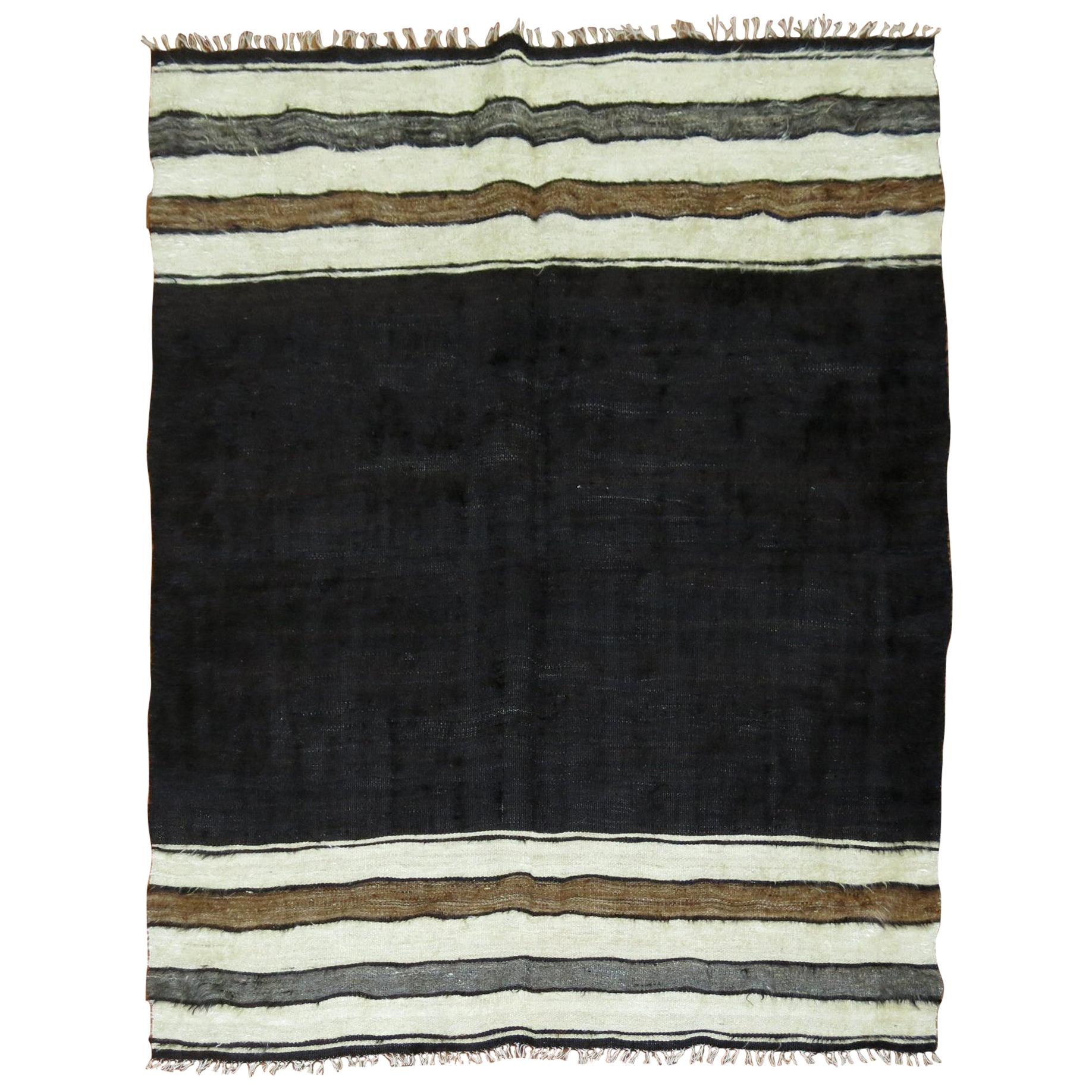 Minimalist Black Ivory Gray Brown 20th Century Turkish Mohair Rug For Sale