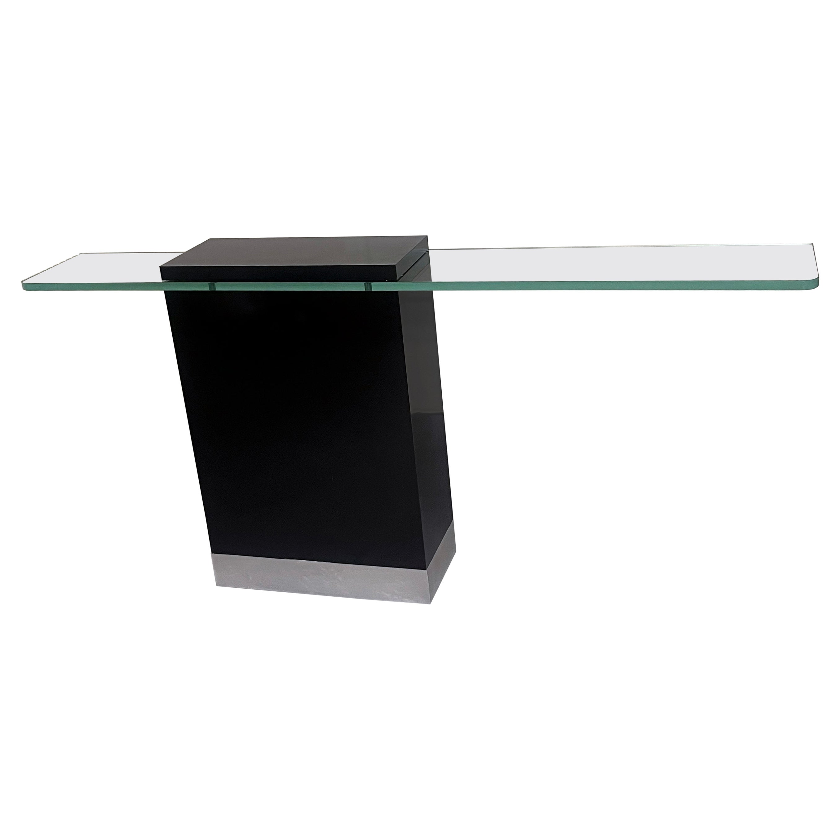 Minimalist Black Lacquer and Glass Console Table, Italy, 1980s For Sale