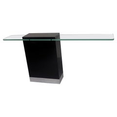 Table console minimaliste en laque noire et verre, Italie, années 1980