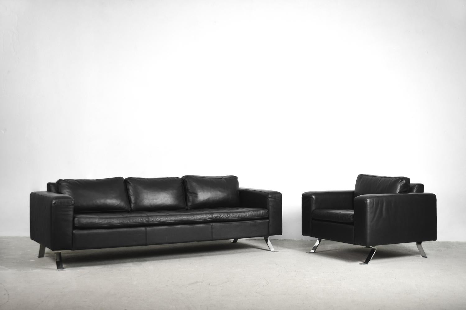 Danish Minimalist Black Leather 3-Seat Sofa and Armchair by Lind Furniture For Sale