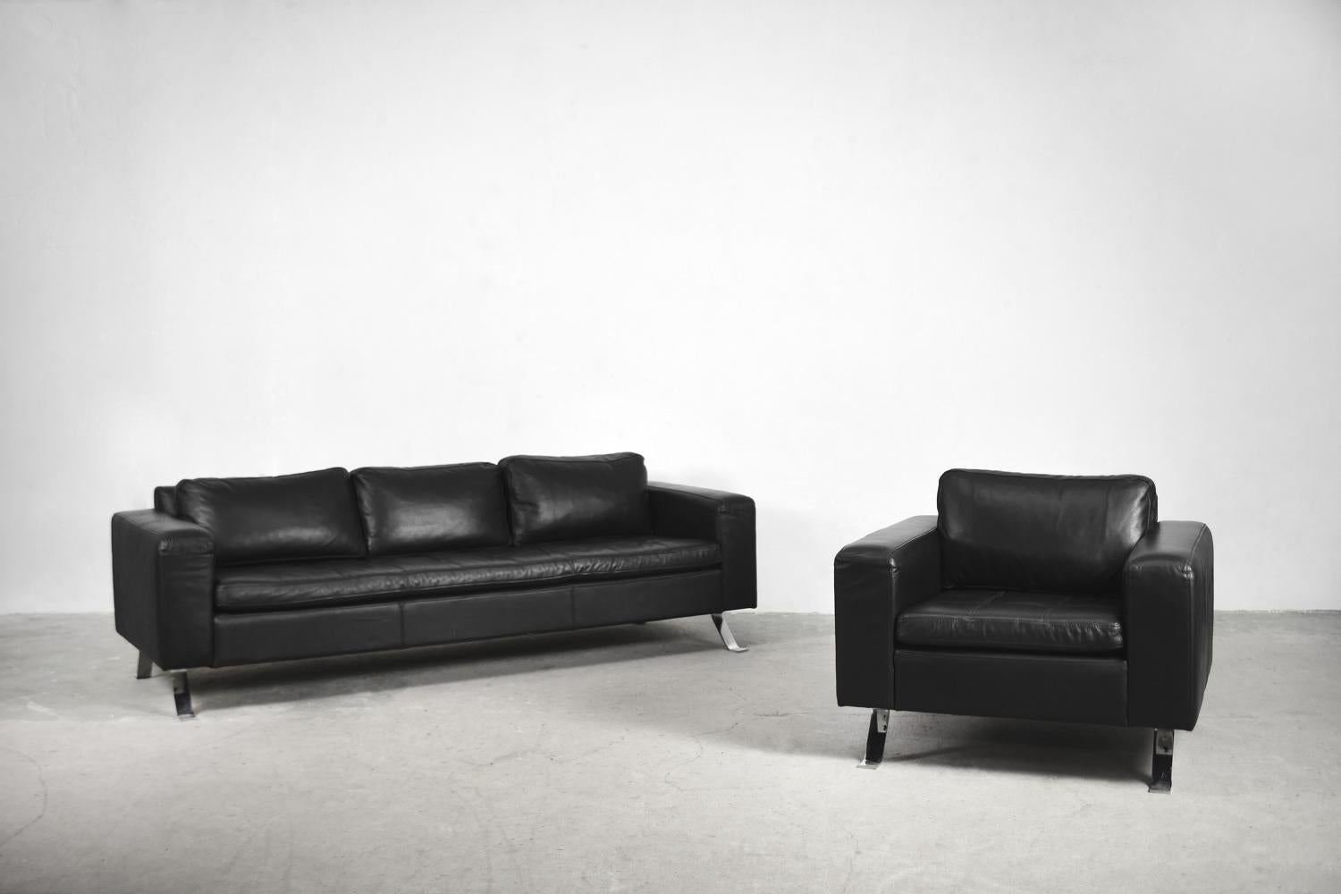 Steel Minimalist Black Leather 3-Seat Sofa and Armchair by Lind Furniture For Sale