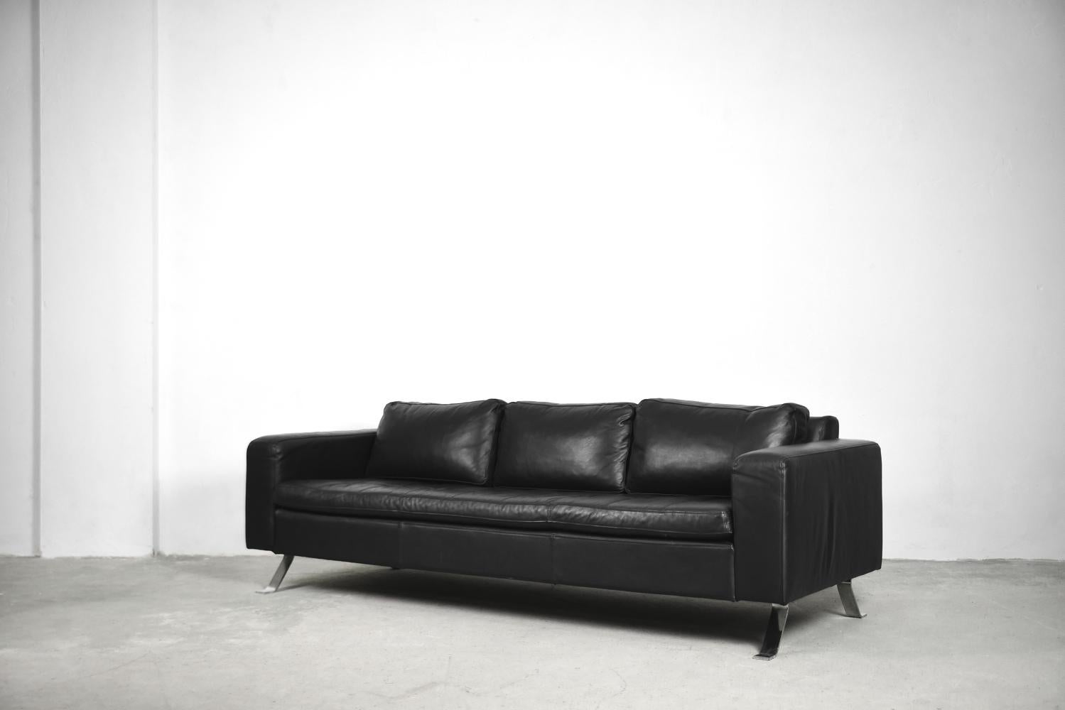 Minimalist Black Leather 3-Seat Sofa and Armchair by Lind Furniture For Sale 1