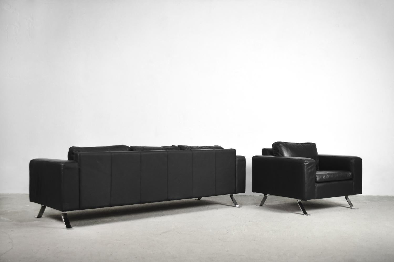 Minimalist Black Leather 3-Seat Sofa and Armchair by Lind Furniture For Sale 3