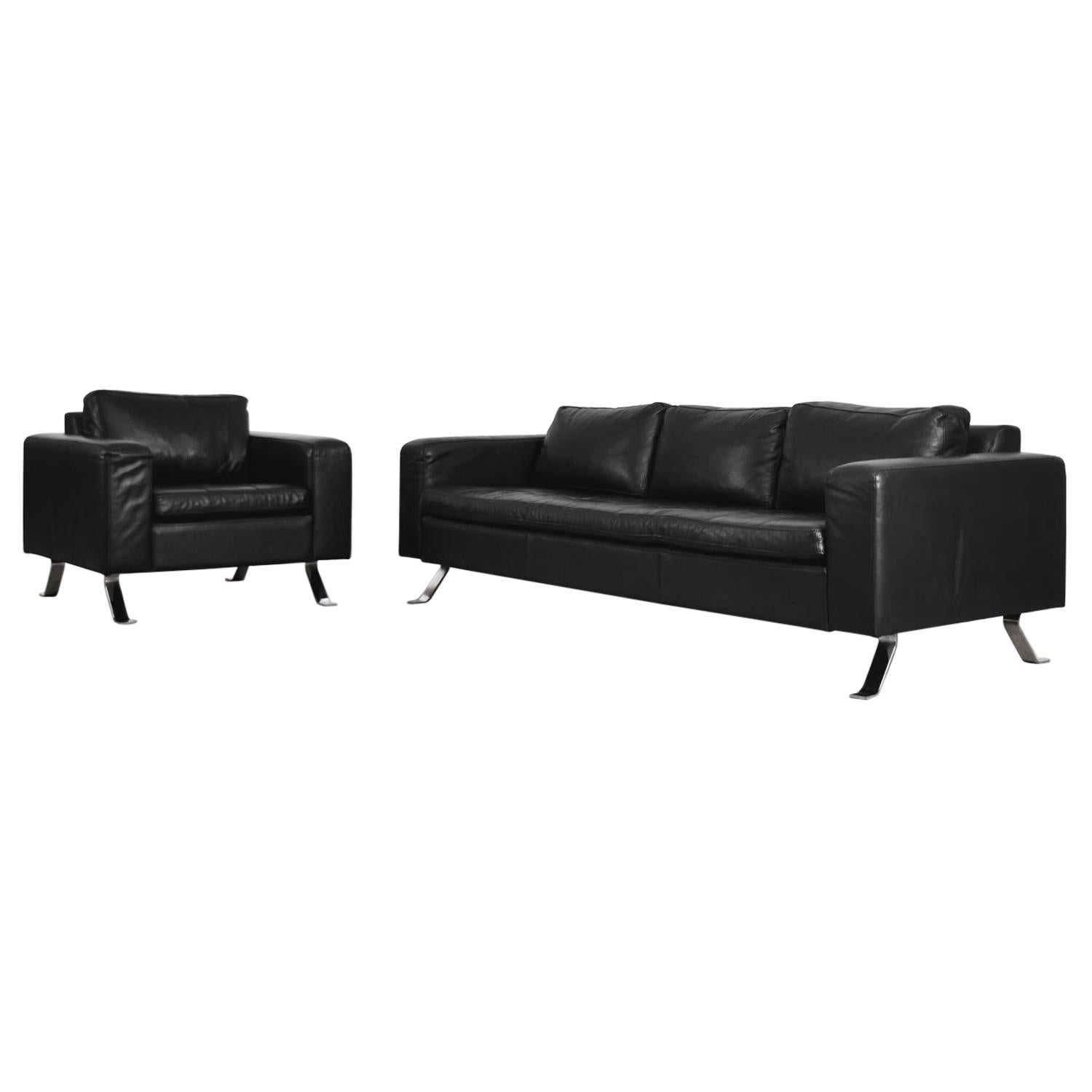 Minimalist Black Leather 3-Seat Sofa and Armchair by Lind Furniture For Sale