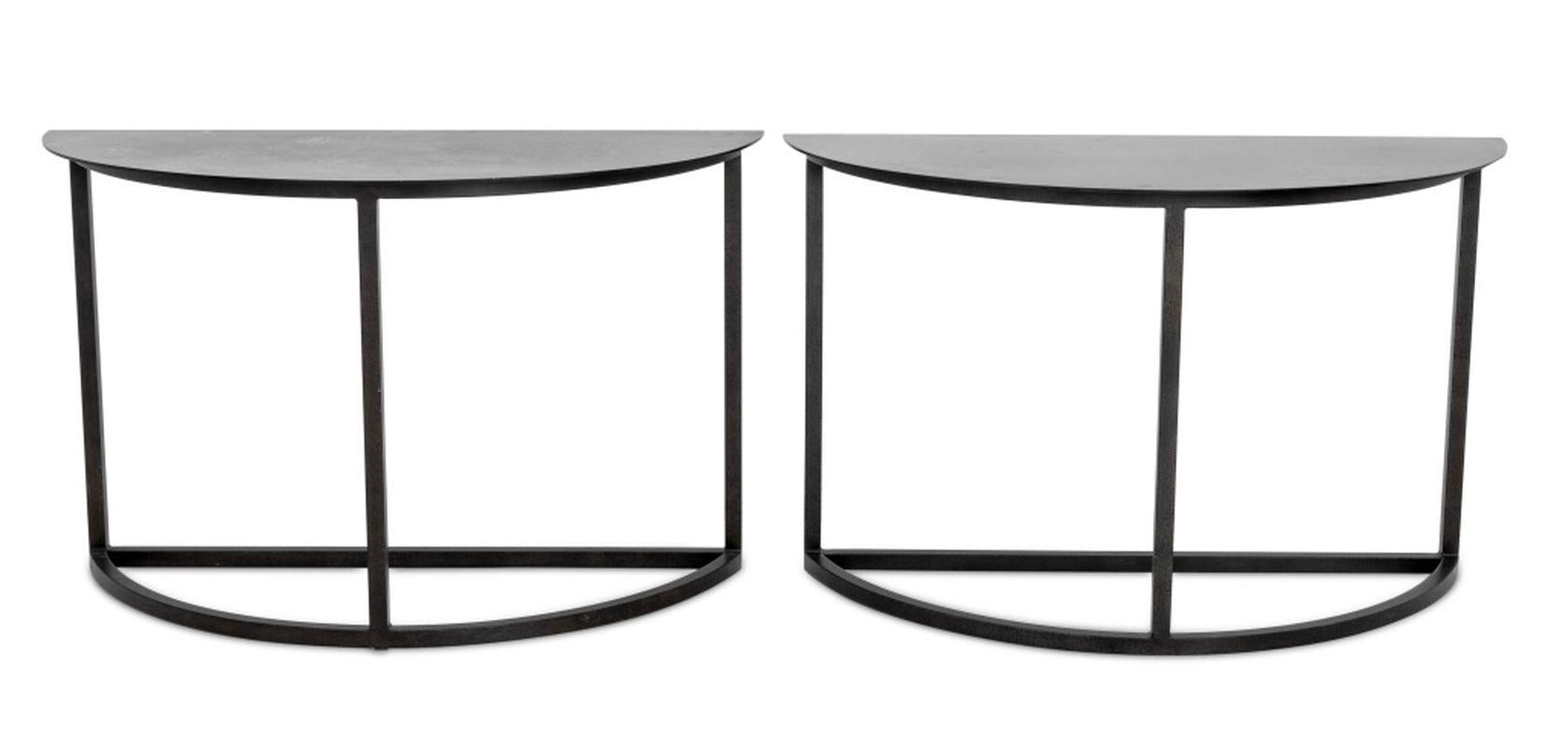 Pair of Minimalist Black Metal Demilune Tables. Provenance: From an Upper East Side Collection. Each: 31