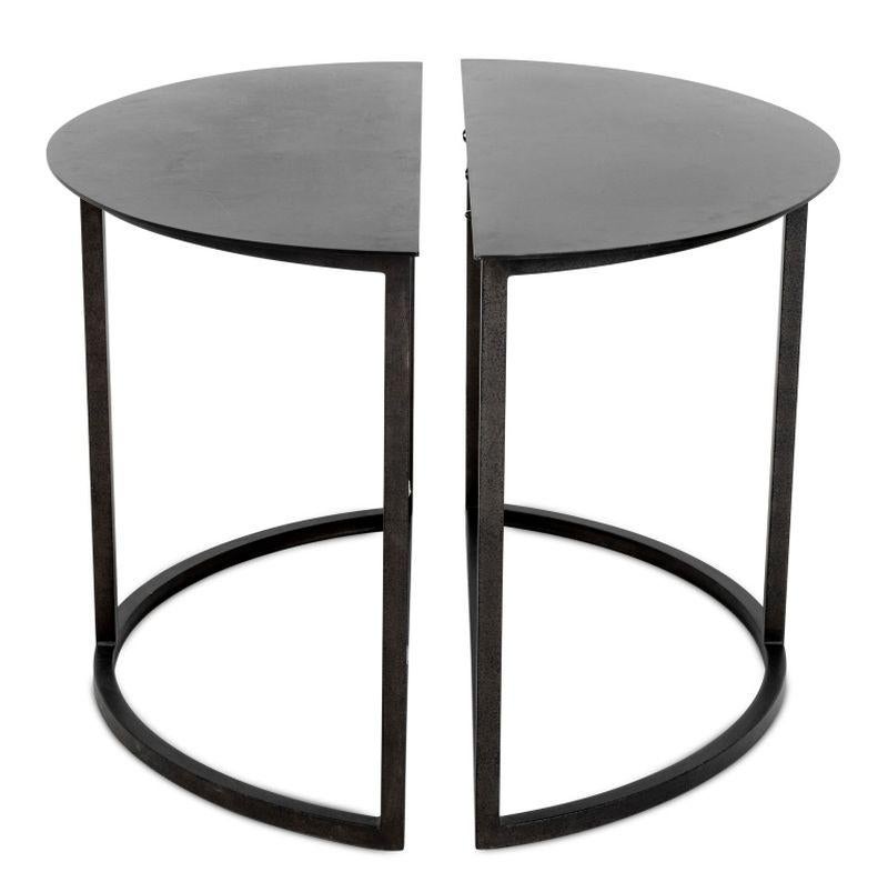 Minimalist Black Metal Demilune Tables, Pair In Good Condition For Sale In Astoria, NY