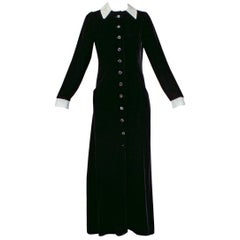 Vintage Minimalist Black Velvet Contrast Coat Dress with White Appliqué Collar- S, 1940s