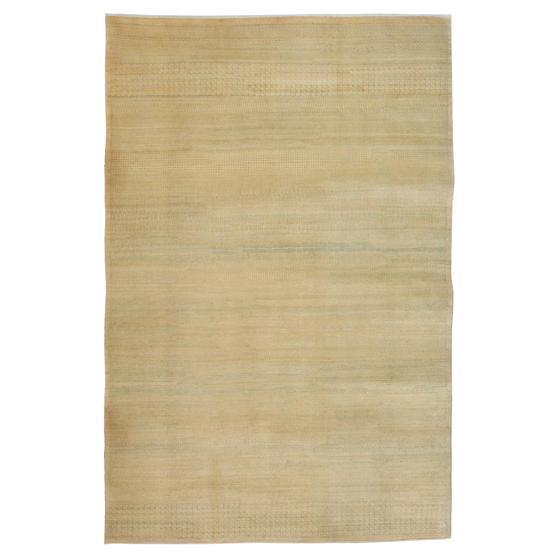 Minimalist Blue and Cream "Rain" Wool Persian Carpet, 6' x 9'