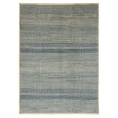Minimalist Blue and Cream Wool Persian Carpet, 9' x 12'