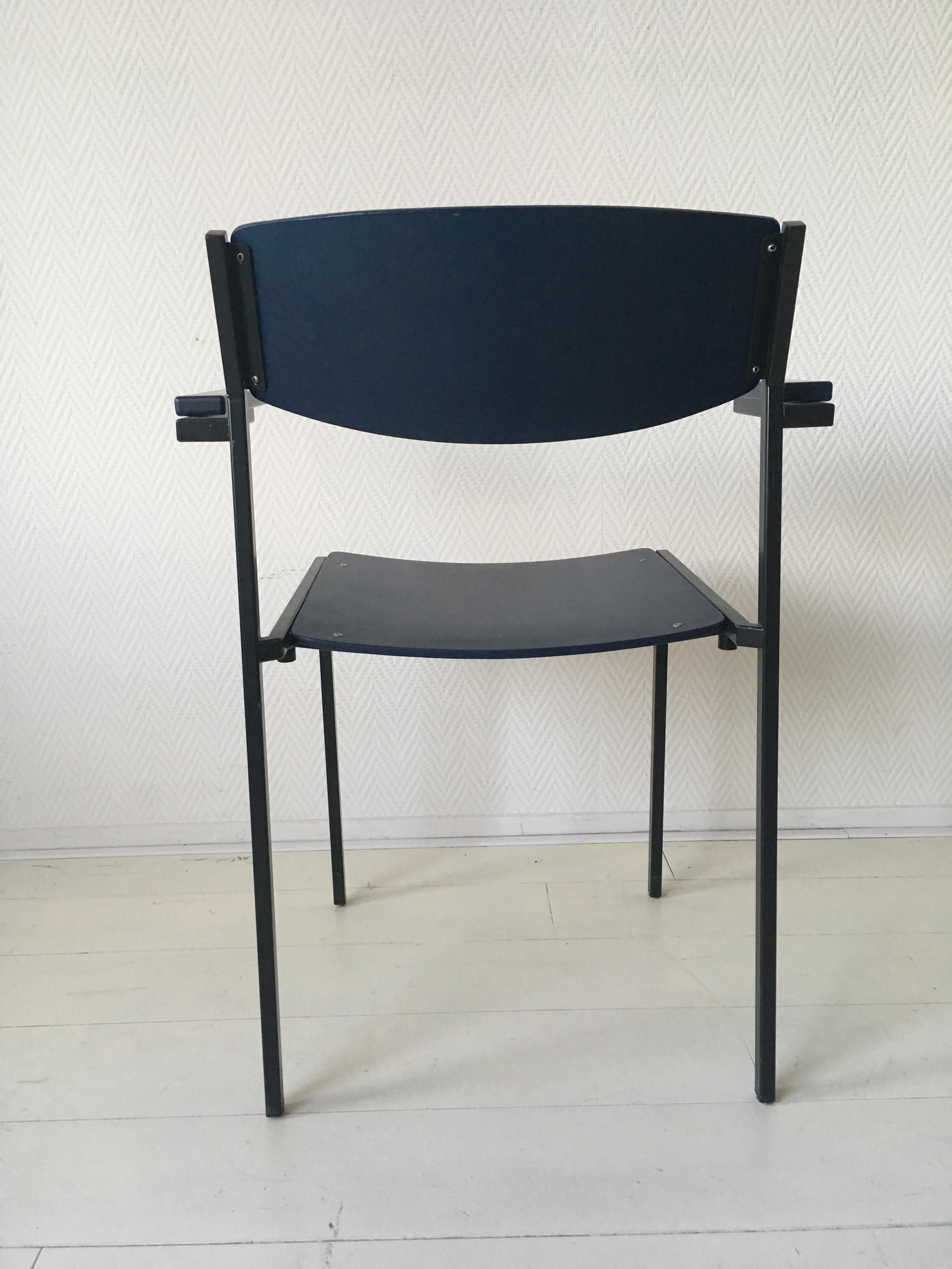 Minimalist Blue Metal and Plywood Stackable Armchairs by Gijs Van Der Sluis For Sale 4