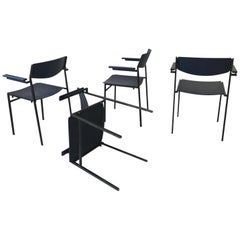 Minimalist Blue Metal and Plywood Stackable Armchairs by Gijs Van Der Sluis