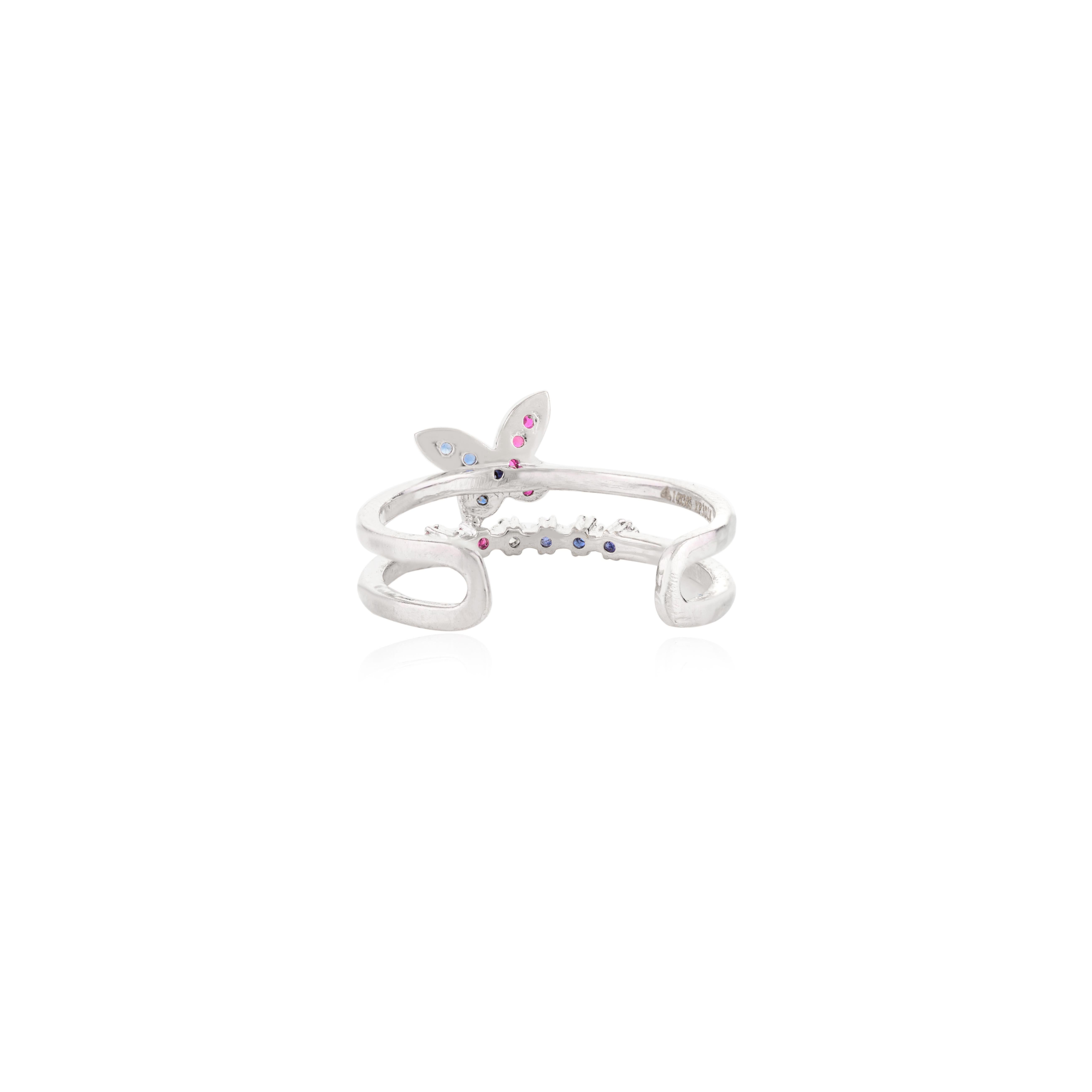 For Sale:  Minimalist Sapphire Ruby Butterfly Ring Gift for Her in 14k Solid White Gold 3