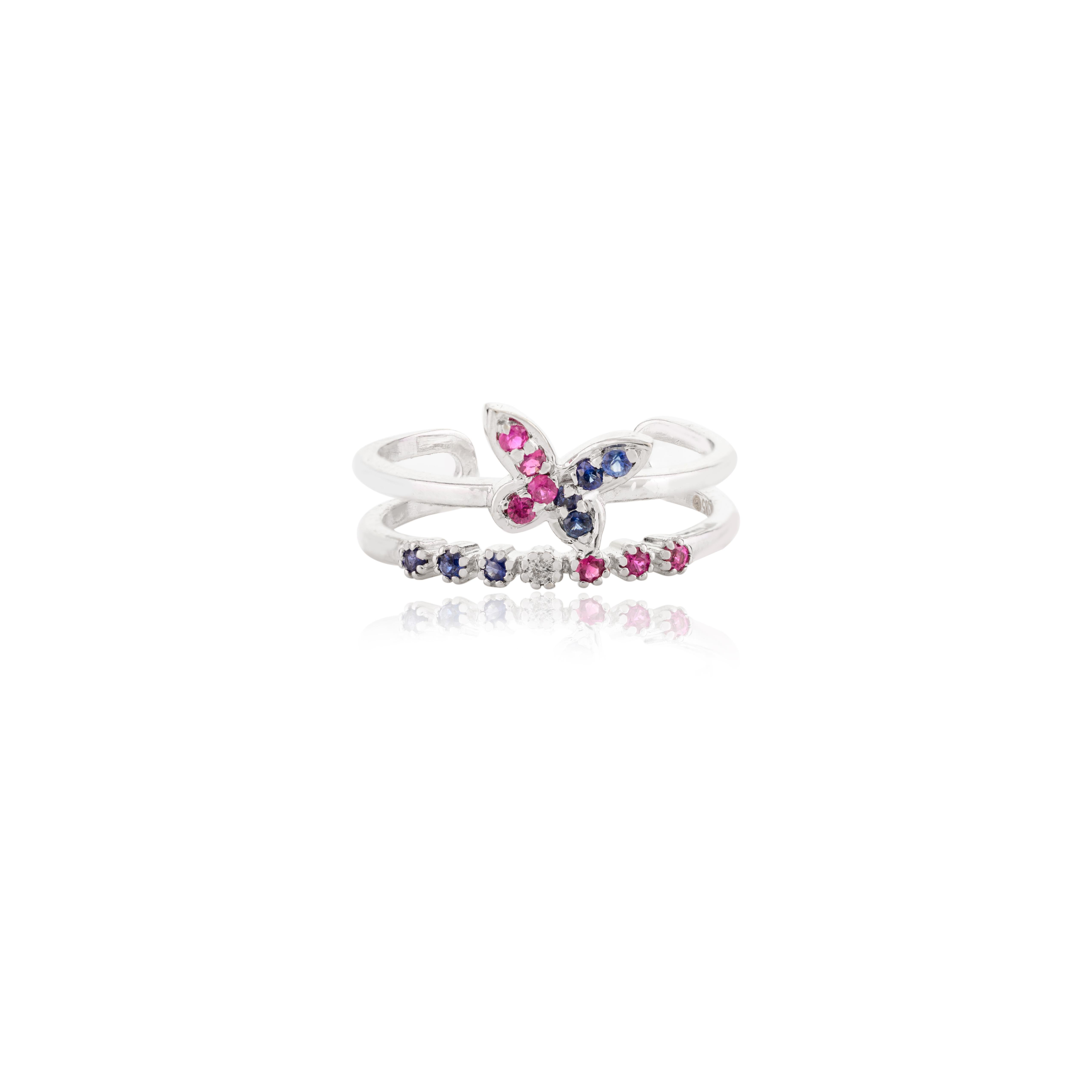 For Sale:  Minimalist Sapphire Ruby Butterfly Ring Gift for Her in 14k Solid White Gold 4