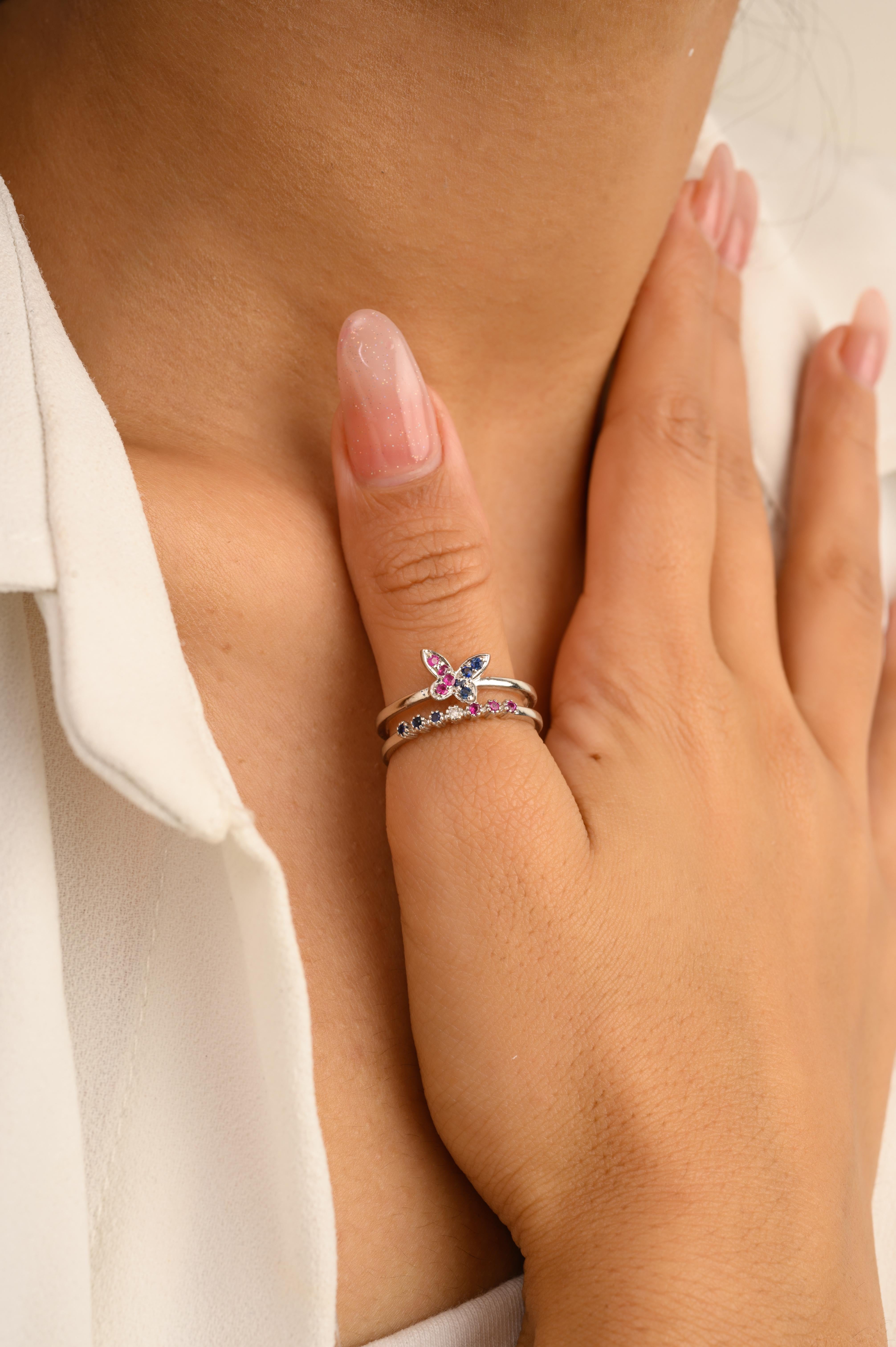 For Sale:  Minimalist Sapphire Ruby Butterfly Ring Gift for Her in 14k Solid White Gold 5