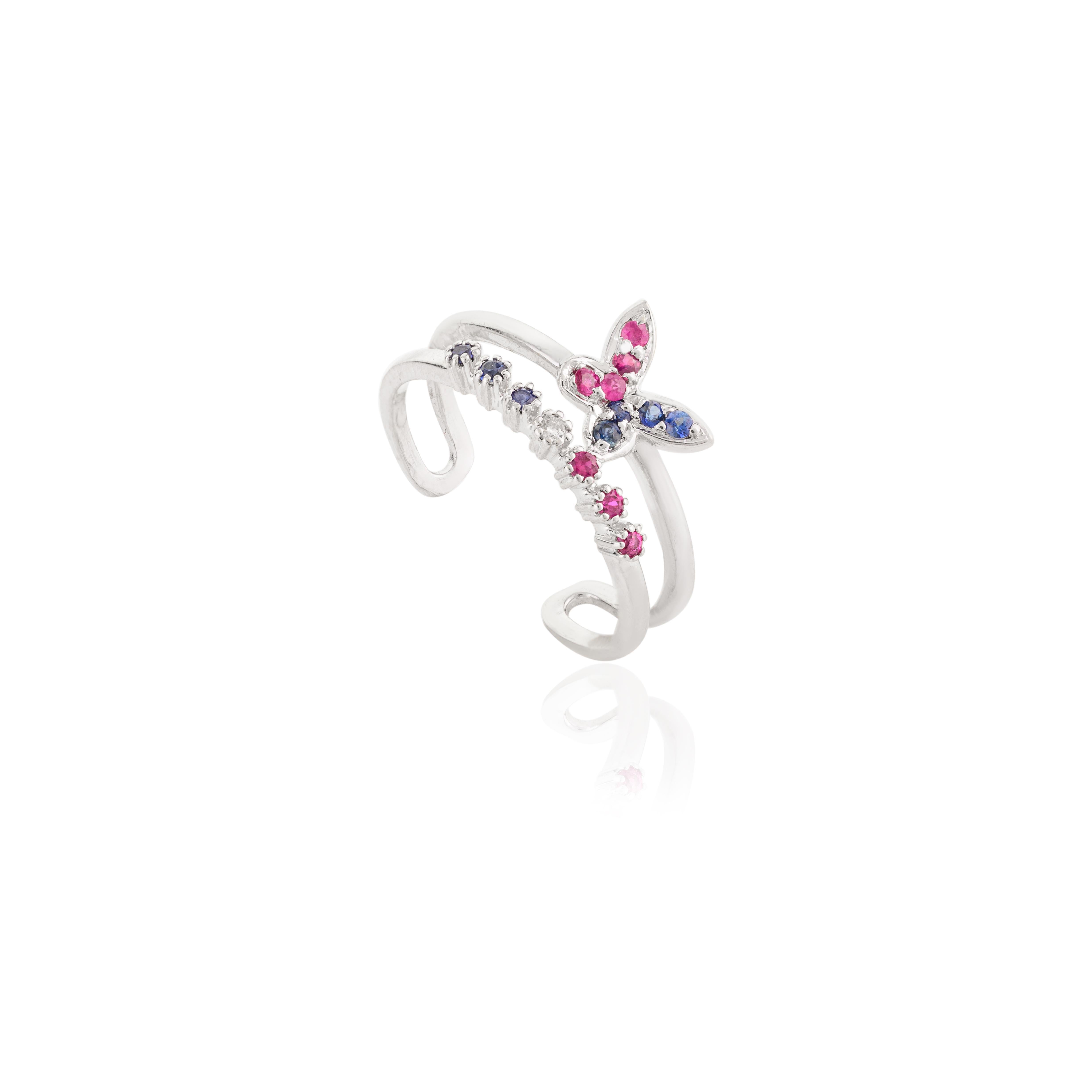 For Sale:  Minimalist Sapphire Ruby Butterfly Ring Gift for Her in 14k Solid White Gold 6