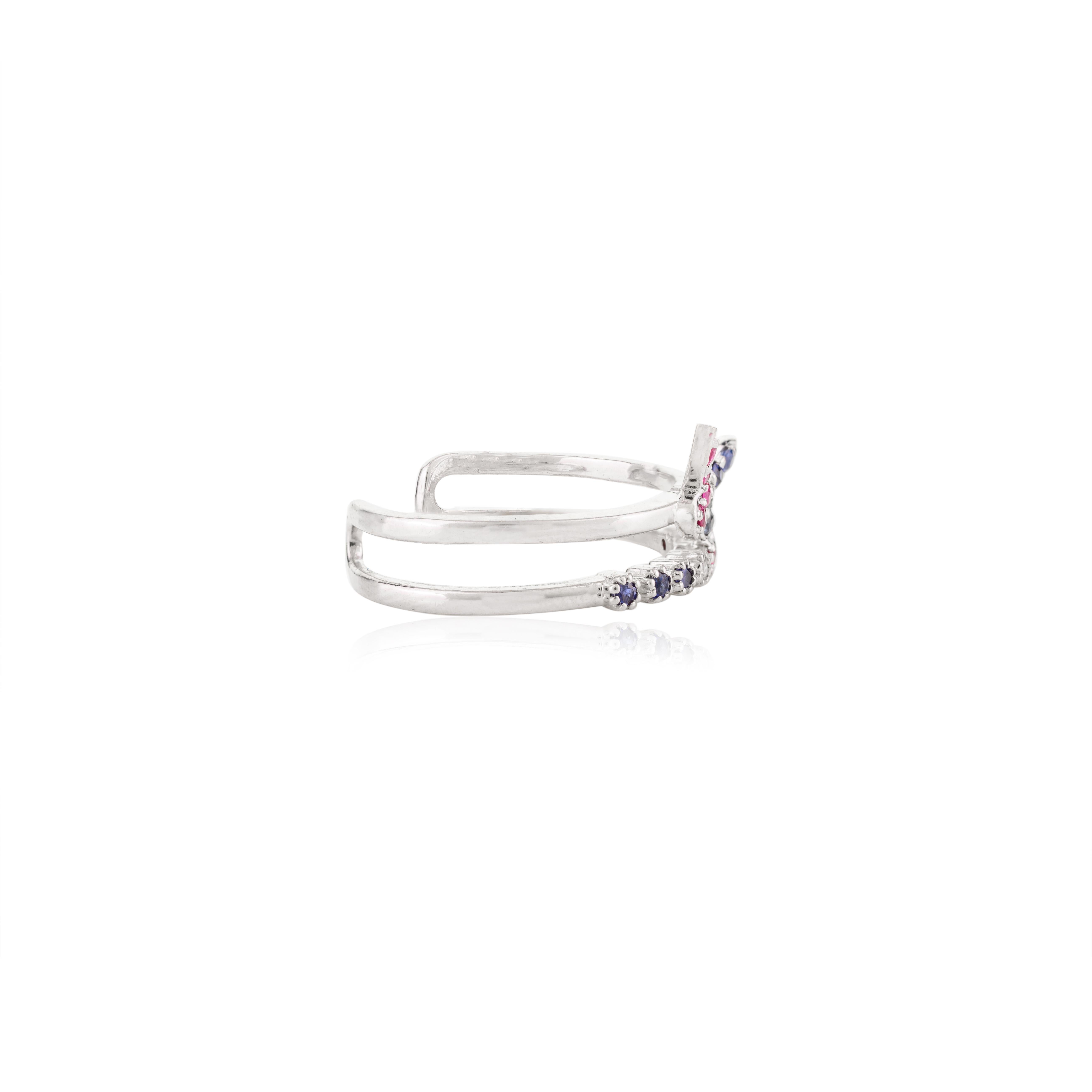 For Sale:  Minimalist Sapphire Ruby Butterfly Ring Gift for Her in 14k Solid White Gold 7