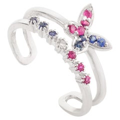 Minimalist Blue Sapphire and Ruby Butterfly Multi Layer Ring in 14k White Gold