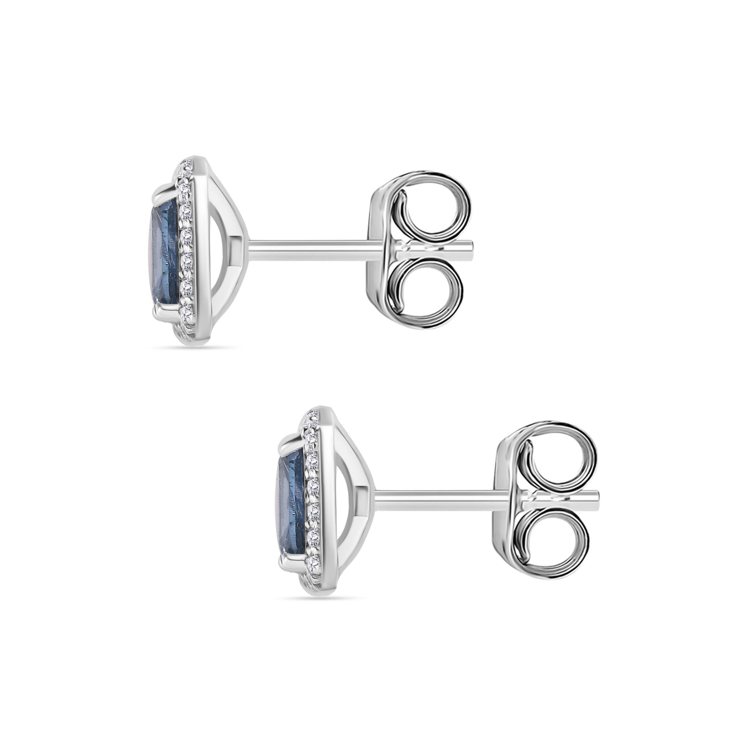Moderno Orecchini a perno minimalisti con diamante e zaffiro blu realizzati in oro bianco 14k in vendita