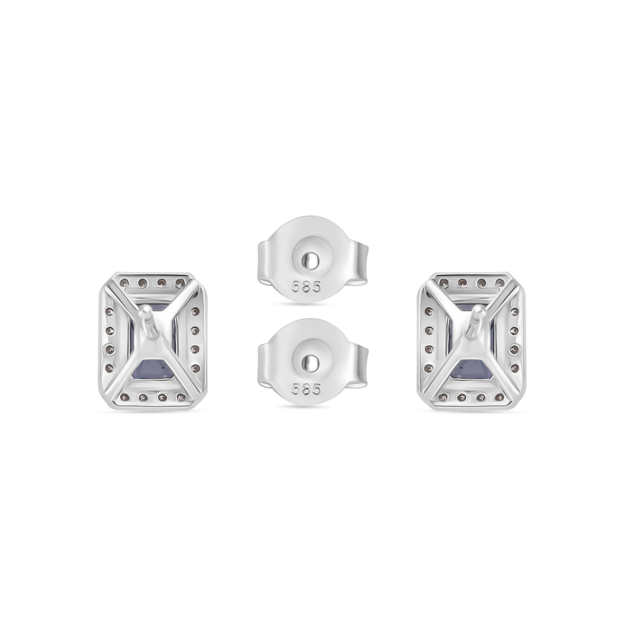 Orecchini a perno minimalisti con diamante e zaffiro blu realizzati in oro bianco 14k in vendita 1